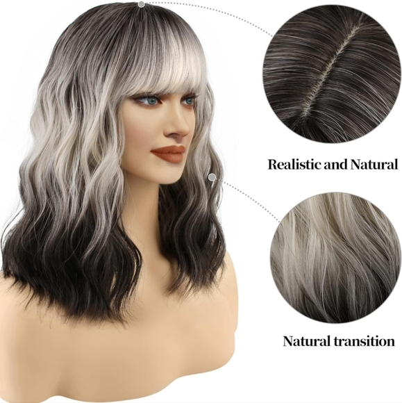 Short Black Ombre White Blonde Wig Short Wave Bob 12 inch - Picture 2 of 7